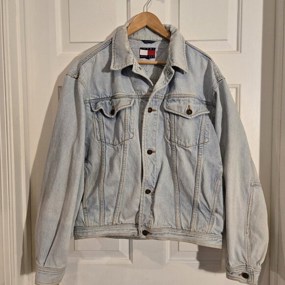 Vintage Tommy Hilfiger Jean Jacket Denim Trucker 90s Distressed Faded Mens Med.. - Picture 1 of 16